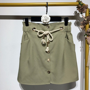 Fusta scurta casual cu nasturi si cravate in talie de culoare verde