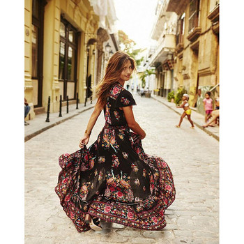 Rochie lunga de dama casual cu maneci scurte si model floral