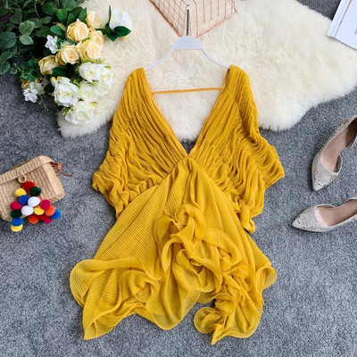 Cămașă pliată de damă, elegantă, cu decolteu în V