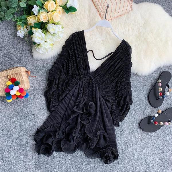 Cămașă pliată de damă, elegantă, cu decolteu în V