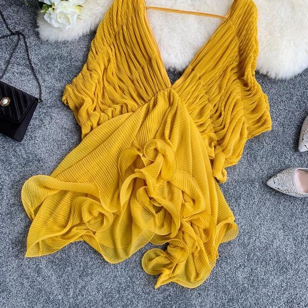 Cămașă pliată de damă, elegantă, cu decolteu în V