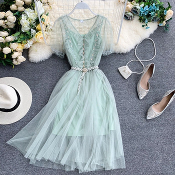 Rochie moderna de dama cu tul si perle decorative