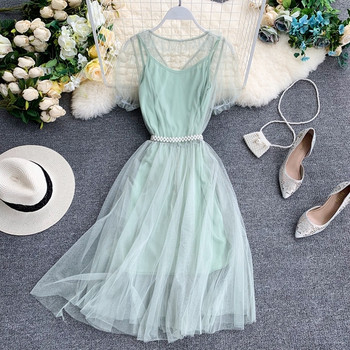 Rochie moderna de dama cu tul si perle decorative