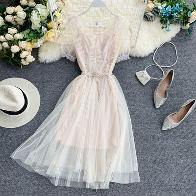 Rochie moderna de dama cu tul si perle decorative