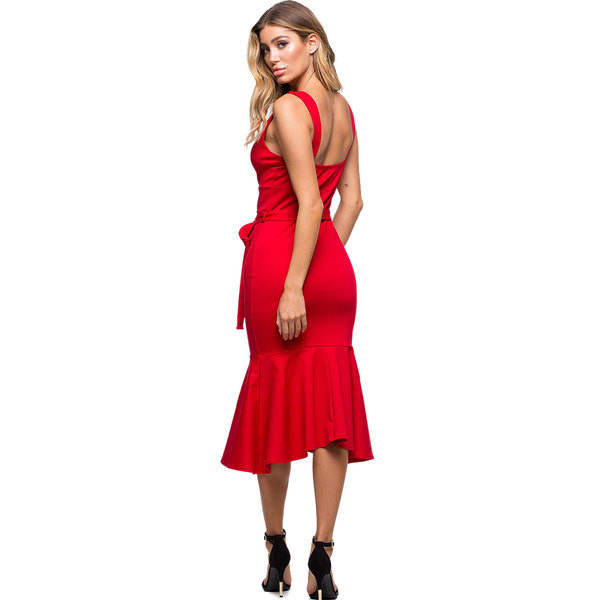 Rochie lungă de damă elegantă, cu bretele subțiri și decolteu în V, în roșu și violet