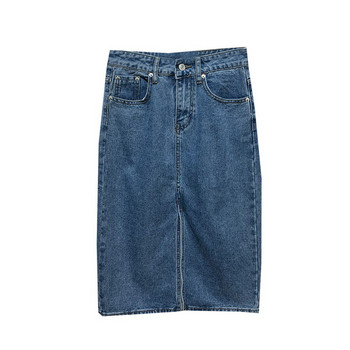 Fusta lunga din denim cu fanta de culoare albastra