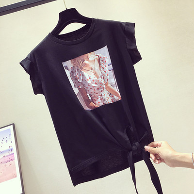 Tricou de dama modern cu imprimeu in culoare alb si negru si conexiune