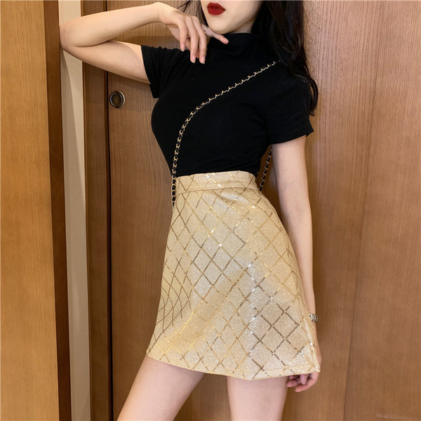 Fusta de dama de actualitate cu talie inalta in doua culori cu paiete