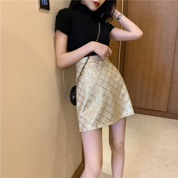 Fusta de dama de actualitate cu talie inalta in doua culori cu paiete