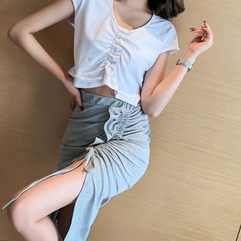 Fusta de dama casual cu talie inalta si cu fanta in doua culori