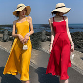 Rochie lunga de dama cu bretele in rosu si galben