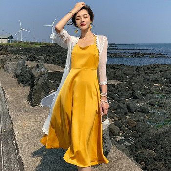 Rochie lunga de dama cu bretele in rosu si galben