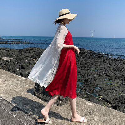 Rochie lunga de dama cu bretele in rosu si galben