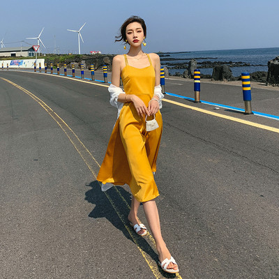 Rochie lunga de dama cu bretele in rosu si galben