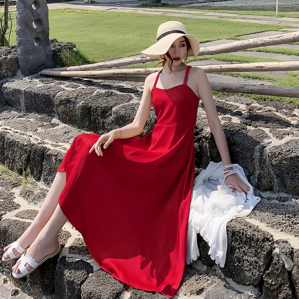 Rochie lunga de dama cu bretele in rosu si galben