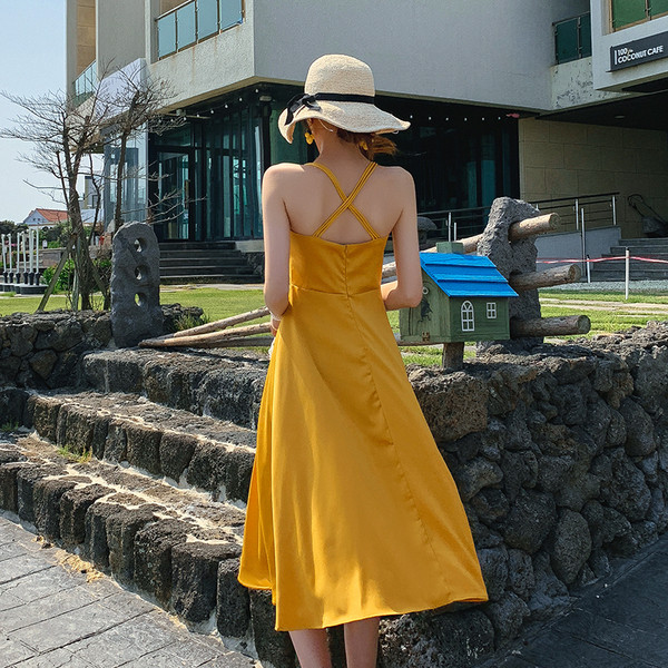 Rochie lunga de dama cu bretele in rosu si galben