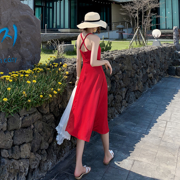 Rochie lunga de dama cu bretele in rosu si galben