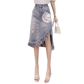 Fusta de dama actuala din denim cu talie inalta si franjuri
