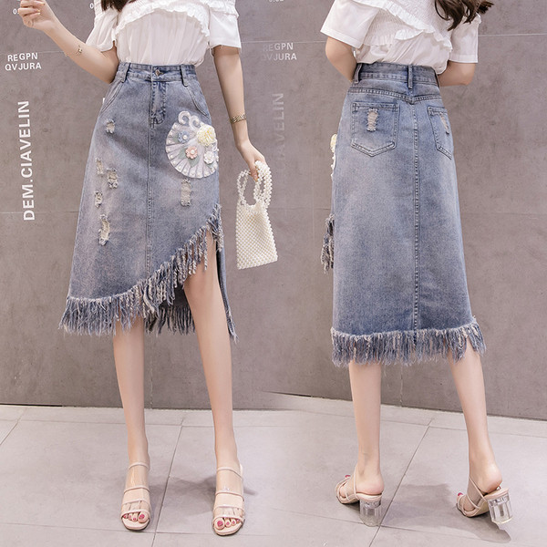 Fusta de dama actuala din denim cu talie inalta si franjuri