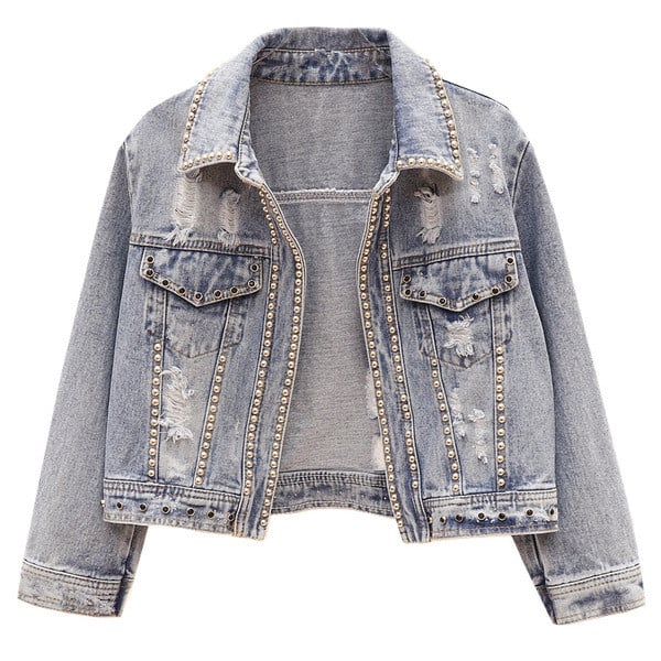 Jachetă de damă modernă din denim cu pietre și buzunar