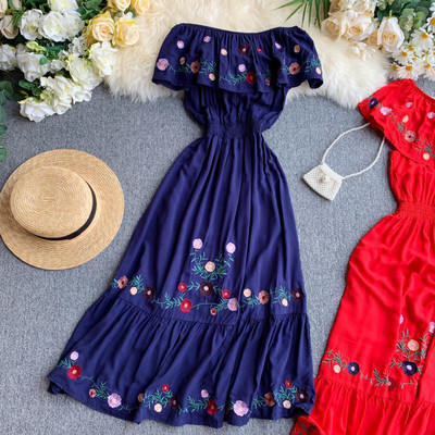 Rochie lunga de dama cu broderie in diferite culori