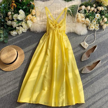 Rochie moderna de dama cu bretele subtiri si panglica de culoare galbena