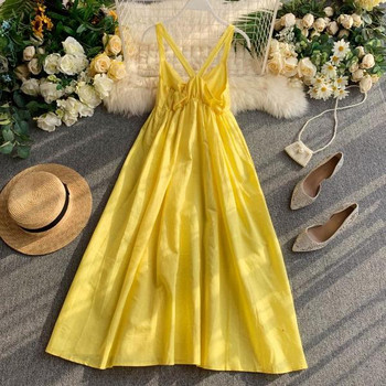 Rochie moderna de dama cu bretele subtiri si panglica de culoare galbena