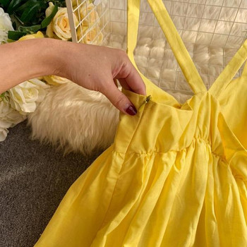 Rochie moderna de dama cu bretele subtiri si panglica de culoare galbena