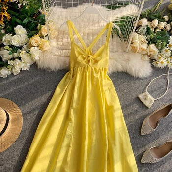 Rochie moderna de dama cu bretele subtiri si panglica de culoare galbena