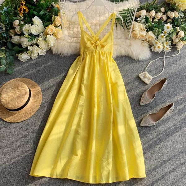 Rochie moderna de dama cu bretele subtiri si panglica de culoare galbena