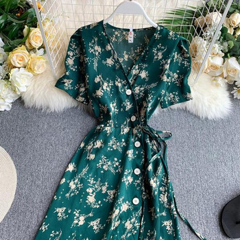 Rochie moderna de dama cu maneci scurte si nasturi de culoare verde