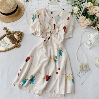 Ежедневна дамска рокля с панделка и къс ръкав в бял и син цвят