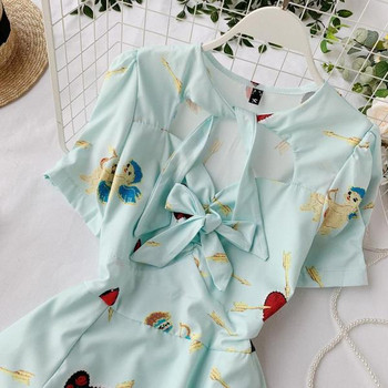 Ежедневна дамска рокля с панделка и къс ръкав в бял и син цвят