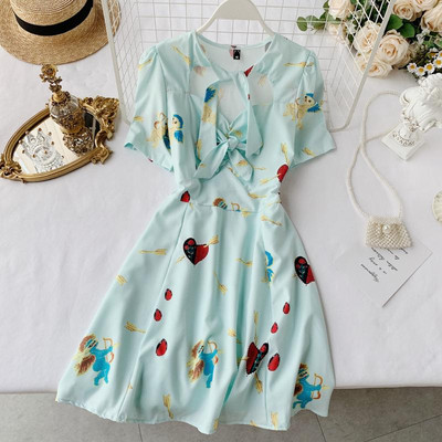 Ежедневна дамска рокля с панделка и къс ръкав в бял и син цвят