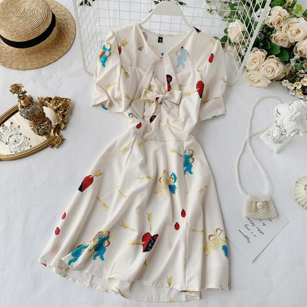 Ежедневна дамска рокля с панделка и къс ръкав в бял и син цвят