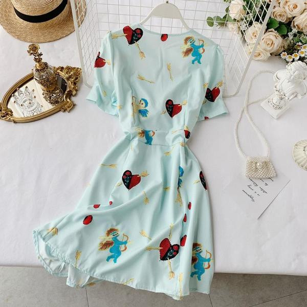 Ежедневна дамска рокля с панделка и къс ръкав в бял и син цвят