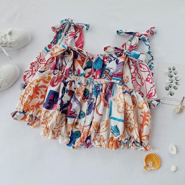 Bluză scurtă de damă modernă cu mâneci scurte și model colorat