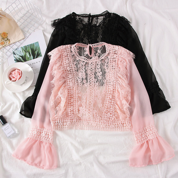 Camasa de dama model nou cu tul, dantela si maneci lungi