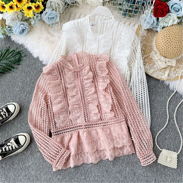 Cămașă elegantă de damă cu dantelă și mâneci lungi în trei culori