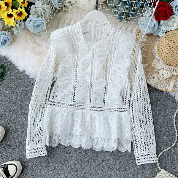 Cămașă elegantă de damă cu dantelă și mâneci lungi în trei culori