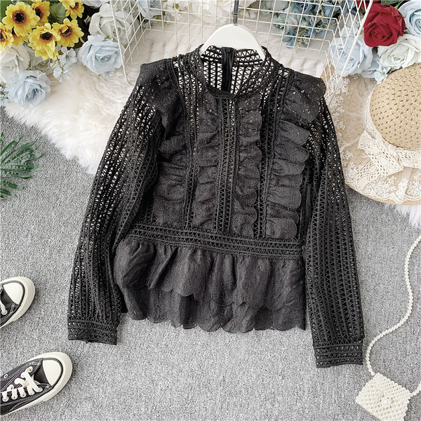 Cămașă elegantă de damă cu dantelă și mâneci lungi în trei culori