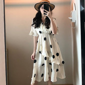 Rochie de dama actuala cu buline in doua culori cu decolteu in V