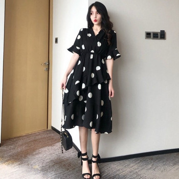 Rochie de dama actuala cu buline in doua culori cu decolteu in V