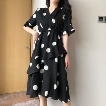 Rochie de dama actuala cu buline in doua culori cu decolteu in V