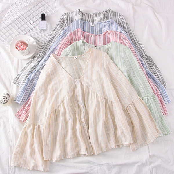 Bluză de damă în dungi model nou cu mâneci în formă de V și lotus