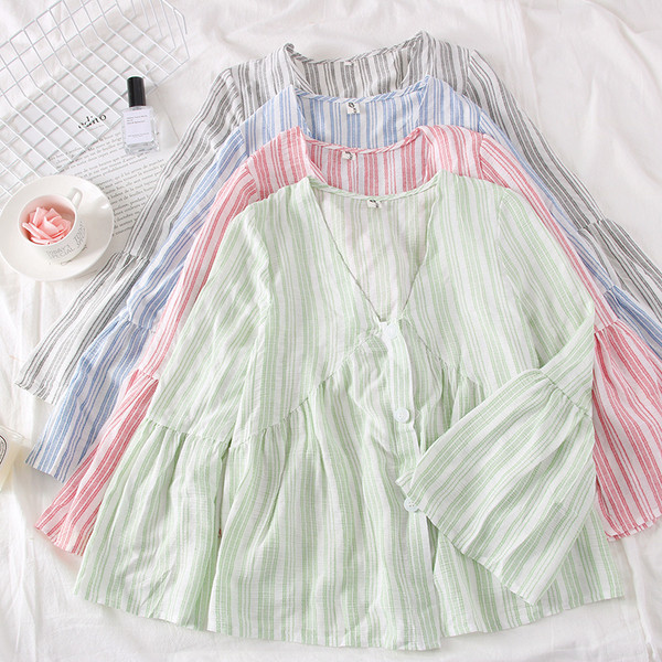 Bluză de damă în dungi model nou cu mâneci în formă de V și lotus