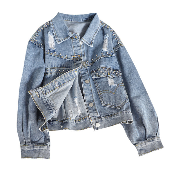 Geaca de dama moderna din denim cu elemente metalice si motive rupte