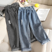 Blugi de dama cu talie inalta si sireturi in doua culori