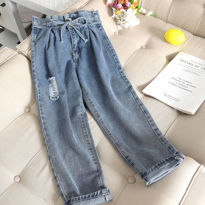 Blugi de dama cu talie inalta si sireturi in doua culori