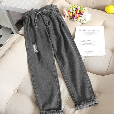 Blugi de dama cu talie inalta si sireturi in doua culori